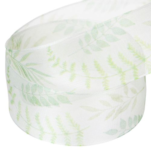 Artikel Organza lint, chiffon lint, groen met bladmotieven, 40 mm breed, 15 m lang