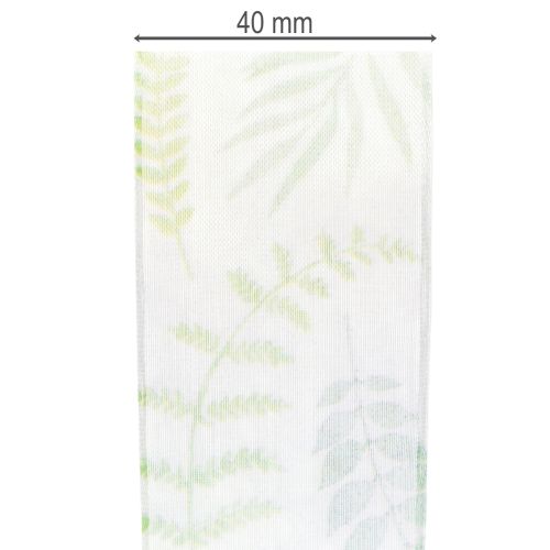 Artikel Organza lint, chiffon lint, groen met bladmotieven, 40 mm breed, 15 m lang