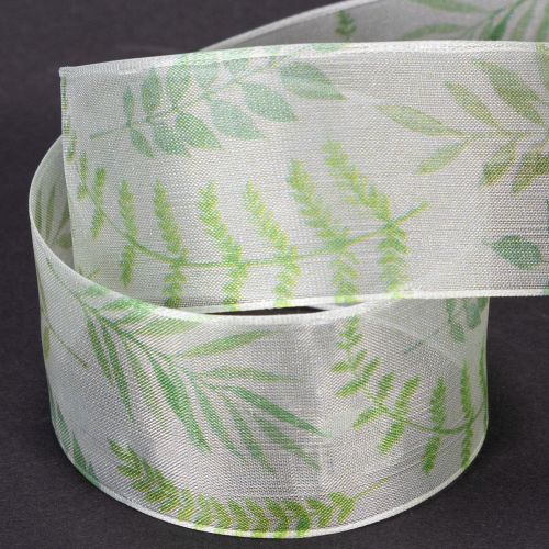 Artikel Organza lint, chiffon lint, groen met bladmotieven, 40 mm breed, 15 m lang