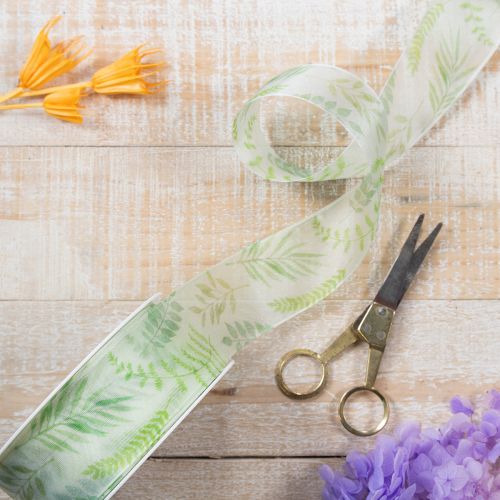 Artikel Organza lint, chiffon lint, groen met bladmotieven, 40 mm breed, 15 m lang
