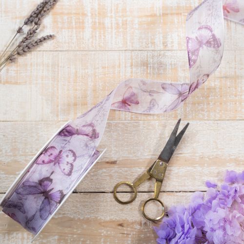 Artikel Organza lint, chiffon lint, vlinders, paars, 40 mm, 18 m