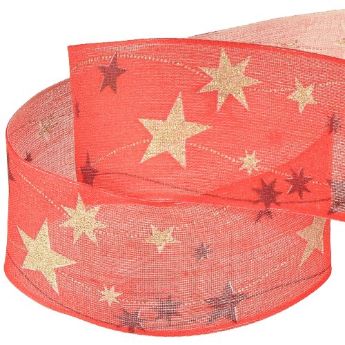 Artikel Kerstlint rood lint met sterren draadrand 40mm 15m