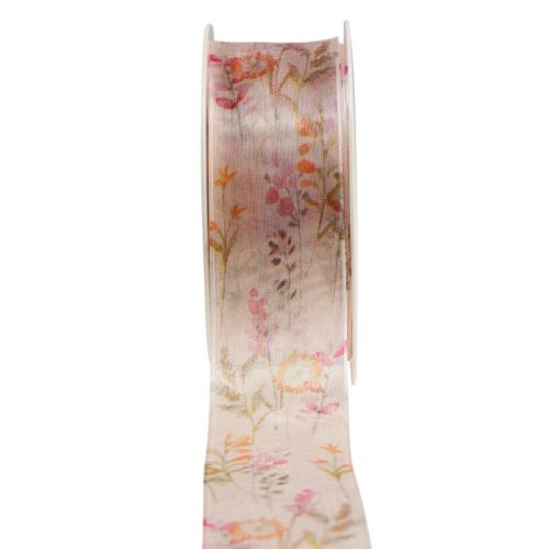 Organzalint chiffonlint bloemen oranje roze 40mm 15m
