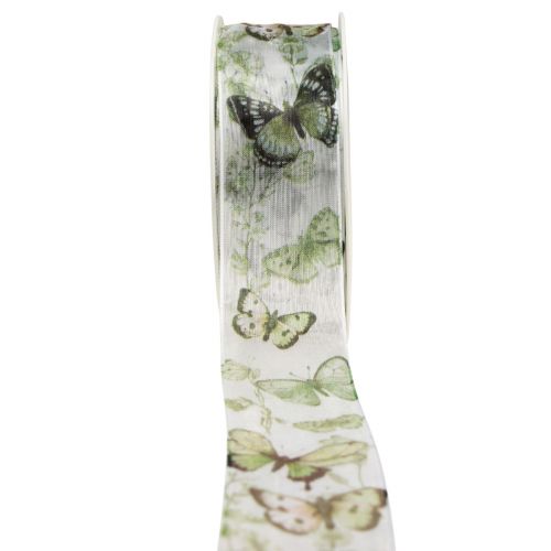 Floristik24 Organzalint chiffonlint vlinders groen 40mm 18m