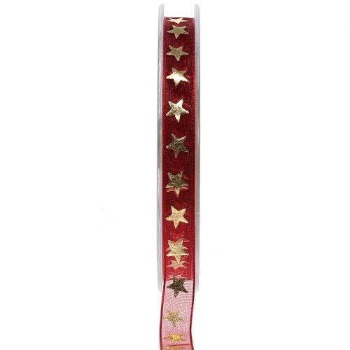 Floristik24 Organza lint donkerrood met gouden sterren 10mm 20m