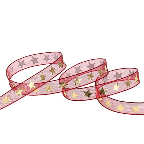 Artikel Organzalint donkerrood met gouden sterren 10mm 20m