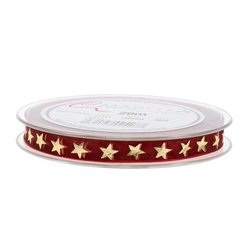 Artikel Organzalint donkerrood met gouden sterren 10mm 20m