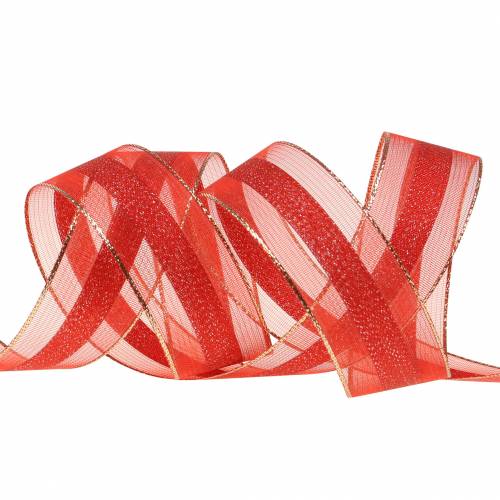Floristik24 Organza lint met strepen patroon rood 25mm 20m