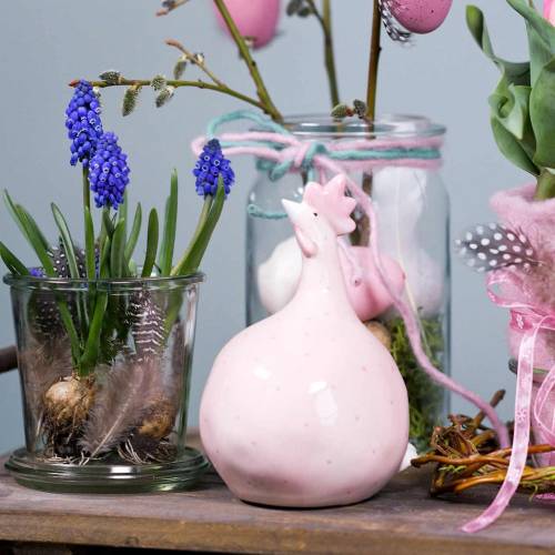 Floristik24 Paasdecoratie kip roze met stippen H17cm 2st