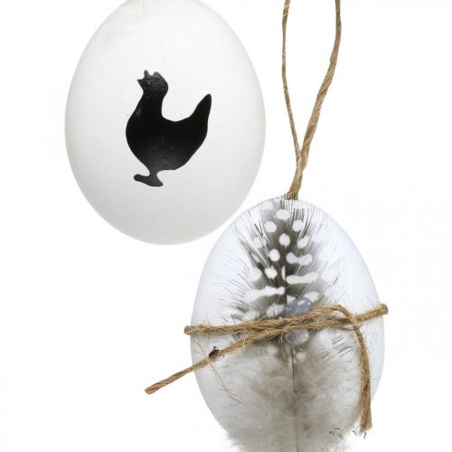 Floristik24 Paasdecoratie, kippeneieren om op te hangen, decoratieve eieren, veren en kip, bruin, blauw, wit set van 6