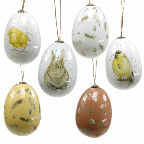 Floristik24 Paasdecoratie om op te hangen paaseimotieven wit, geel, bruin assorti 6 stuks