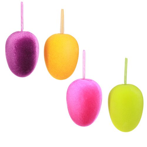Artikel Paaseieren om op te hangen gevlokt 4 kleuren 9,5 cm 8 st
