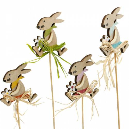 Paashaas met bloem, konijntjesdecoratie voor Pasen, konijn op een stokje, lente, houten decoratie bloemplug 12st
