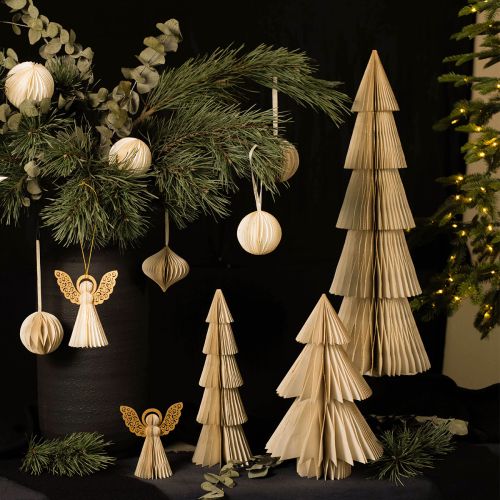 Artikel Papieren kerstboom klein crème goud H30cm