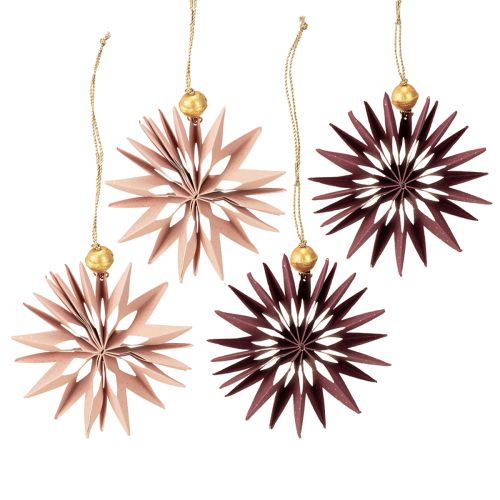 Artikel Papieren sterren, Bordeauxroze, om op te hangen, Ø10cm, 4 stuks