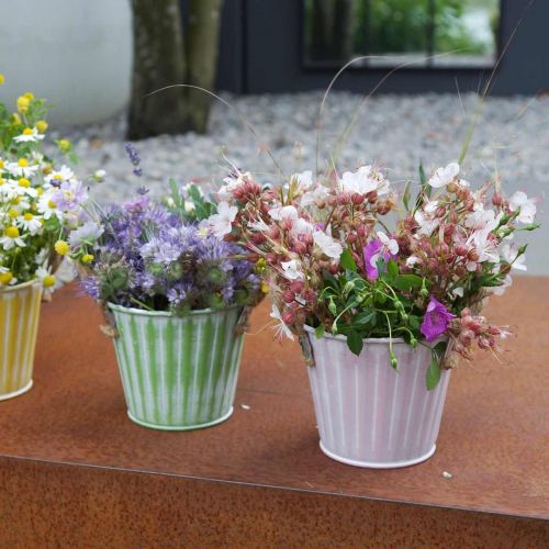 Plantenemmer, metalen pot met handvatten, decoratieve plantenbak roze/groen/geel shabby chic Ø12cm H10cm set van 3