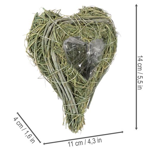 Decoratief hartje van natuurlijk gras met folie-inzetstuk, 14 cm, 2 stuks | Floristik24.nl