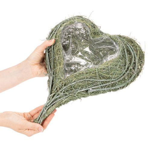 Hartvormige schaal van natuurlijk gras met plantfolie, 38 cm | Floristik24.nl