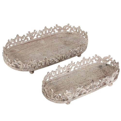 Floristik24 Decoratief dienblad ovaal antieklook grijs roest 26/21cm set van 2 stuks