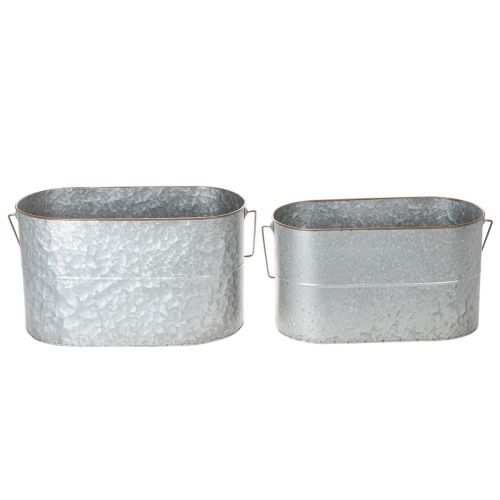 Artikel Bloempot met handvat, metalen pot, plantenbak, zilver, bruin, H22/20cm L42/40cm, set van 2