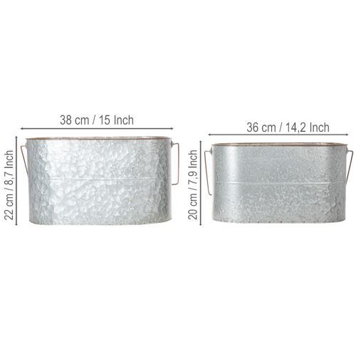 Artikel Bloempot met handvat, metalen pot, plantenbak, zilver, bruin, H22/20cm L42/40cm, set van 2