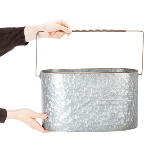 Artikel Bloempot met handvat, metalen pot, plantenbak, zilver, bruin, H22/20cm L42/40cm, set van 2