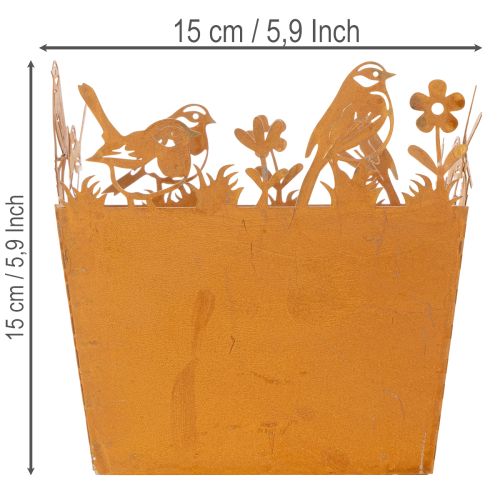 Metalen plantenpot met vogels, plantenbak, veer, roestkleurige afwerking, 15,5 cm hoog | Floristik24.nl
