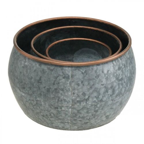 Artikel Sierpot, plantenbak, metalen schaal zilver, koperkleurig antiek look H22 / 20.5 / 16.5cm Ø39 / 30.5 / 25cm set van 3