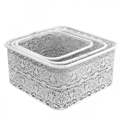 Artikel Metalen kommen kantpatroon, vierkant decoratief vat, shabby chic, wit 27/23/19cm H13.5cm set van 3
