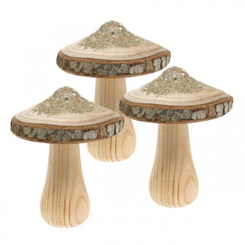 Houten paddestoel schors en glitter deco paddestoelen hout H8.5cm 4st