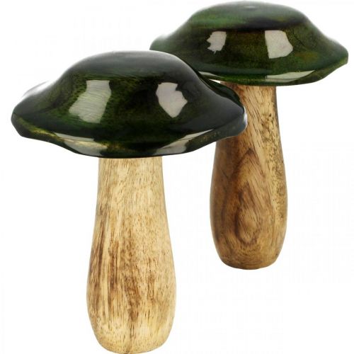 Floristik24 Paddenstoel groen mangohout herfstdecoratie gemaakt van hout Ø9cmH11cm 2st