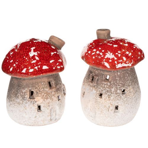Decoratieve beeldjes van een vliegenzwam met schoorsteen (10 cm, 2 stuks) in de vorm van een vuurtoren.
