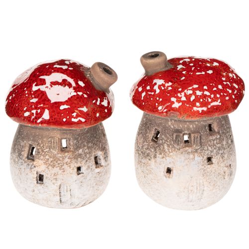 Decoratieve beeldjes van een vliegenzwam met schoorsteen (10 cm, 2 stuks) in de vorm van een vuurtoren. | Floristik24.nl