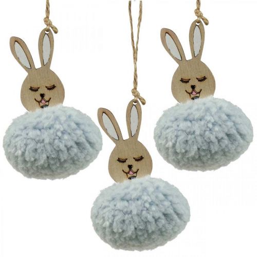 Puschelbunny blauw deco hanger hout pluche ca. 7×7×10cm 6st