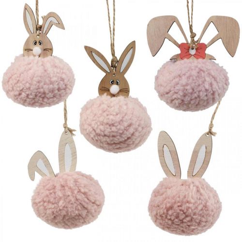 Hanger konijntje roze houten deco hanger Ø5cm-10cm 6 stuks