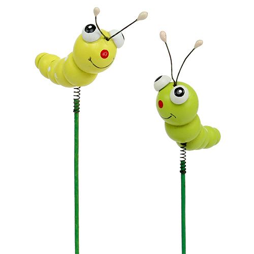 Floristik24 Houten rups op stok groen, geel 8cm 24 st