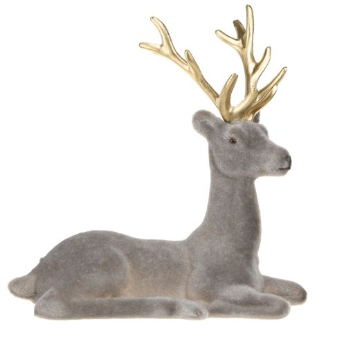 Floristik24 Zittend hert decoratie geflockt grijs goud 15×6×15,5cm