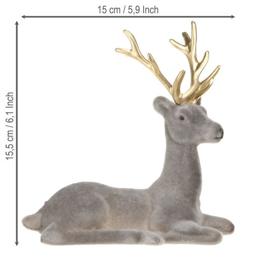 Artikel Zittend hert decoratie geflockt grijs goud 15×6×15,5cm