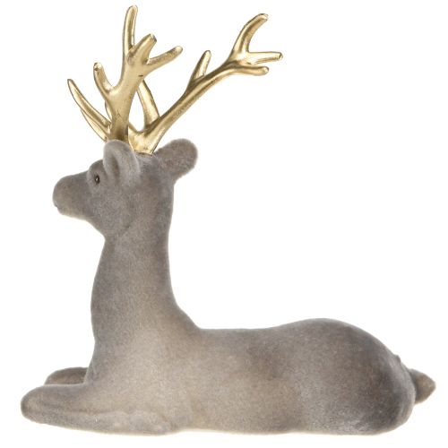 Artikel Zittend hert decoratie geflockt grijs goud 15×6×15,5cm