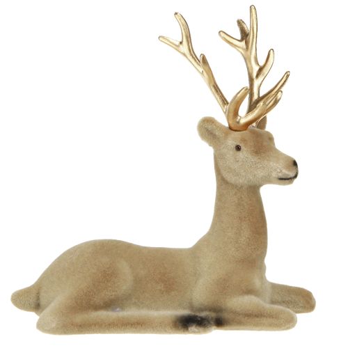 Zittend hert decoratie geflockt lichtbruin 15×6×15,5cm