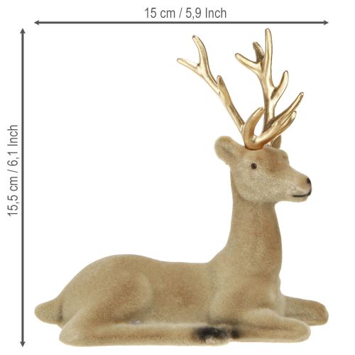 Artikel Zittend hert decoratie geflockt lichtbruin 15×6×15,5cm