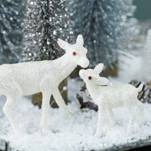 Floristik24 Hert met fawn 10cm wit met mica