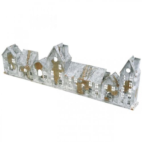 Verlichte huisjes, raamdecoratie, zilverkleurige vuurtorens, antiek ogende metalen lantaarn, L67,5cm H20cm | Floristik24.nl