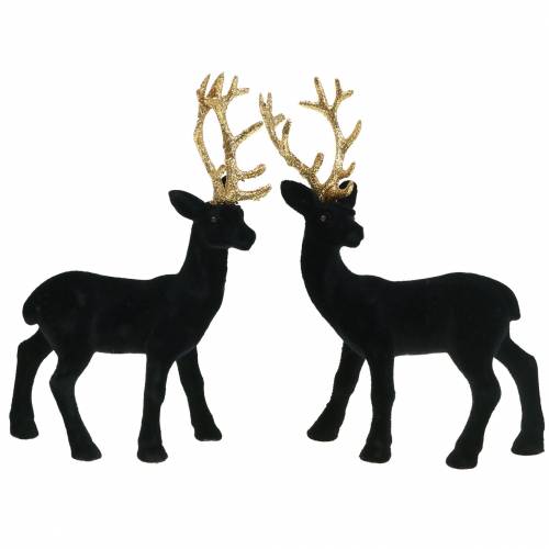 Decoratieve herten geflockt zwart, goud 20cm 2 stuks