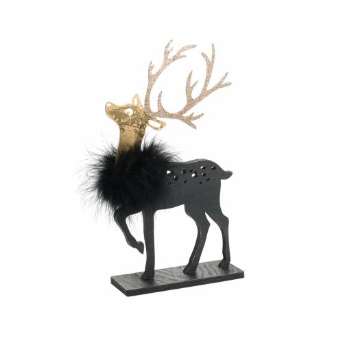 Floristik24 Decoratie voor de kersttafel rendier met veren boa en glitter zwart, goud 22,5 × 13cm 2st