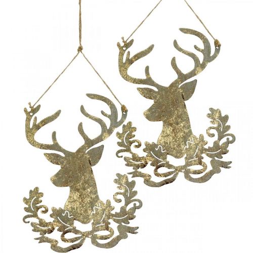 Artikel Rendier om op te hangen, kerstdecoratie, hertenkop, metalen hanger gouden antieke look H23cm 2 stuks