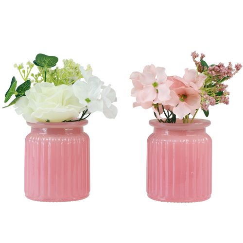 Kunstroos in glazen pot roze wit H16cm 2st