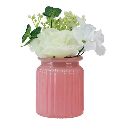 Artikel Kunstroos in glazen pot roze wit H16cm 2st