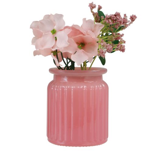 Artikel Kunstroos in glazen pot roze wit H16cm 2st