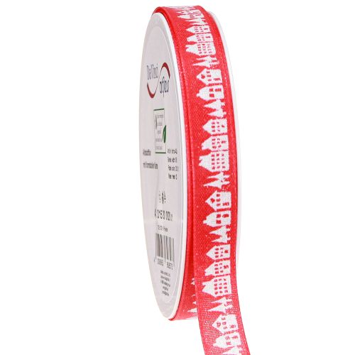 Artikel Rood kerstlint met witte huisjes 15mm 20m